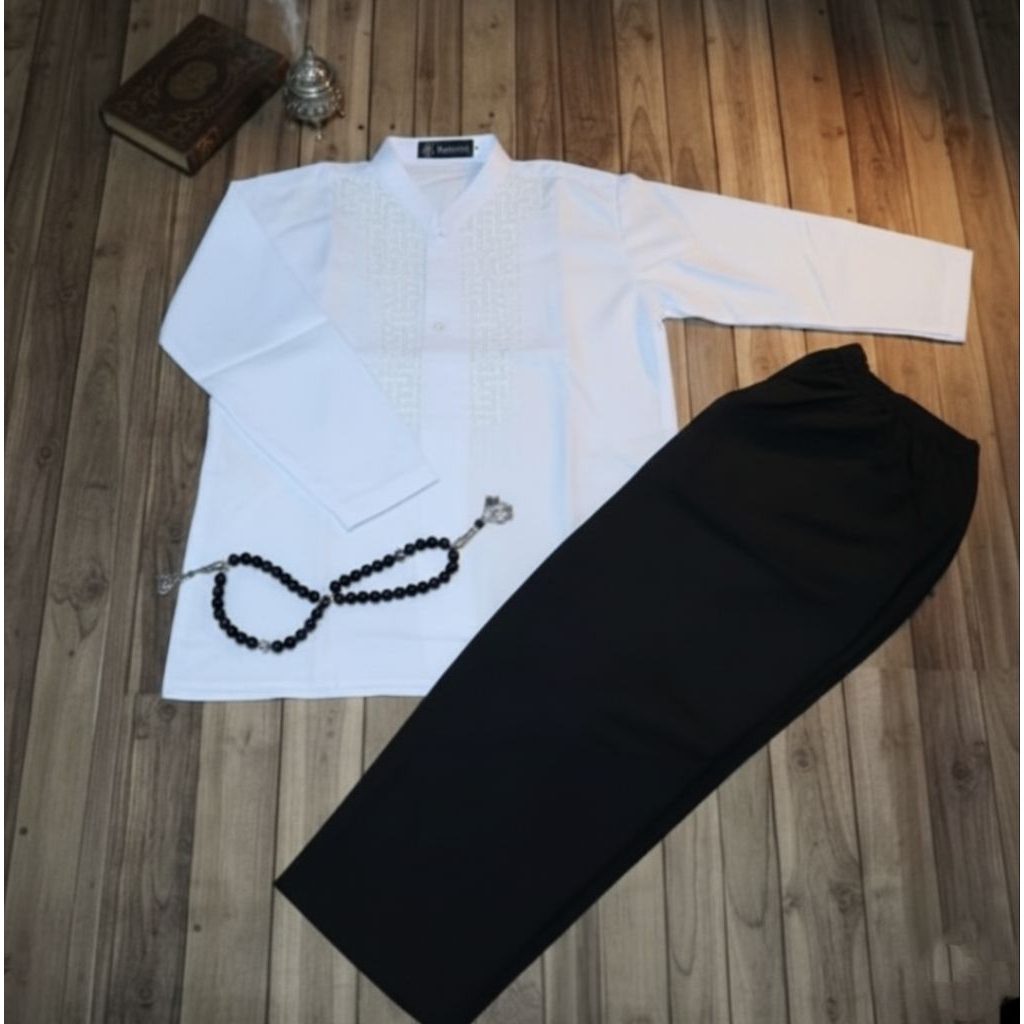 SETELAN BAJU KOKO ANAK HITAM PUTIH LENGAN PANJANG SETELAN ABDILLAH ANAK 5-15 TAHUN BAHAN KATUN BAGUS