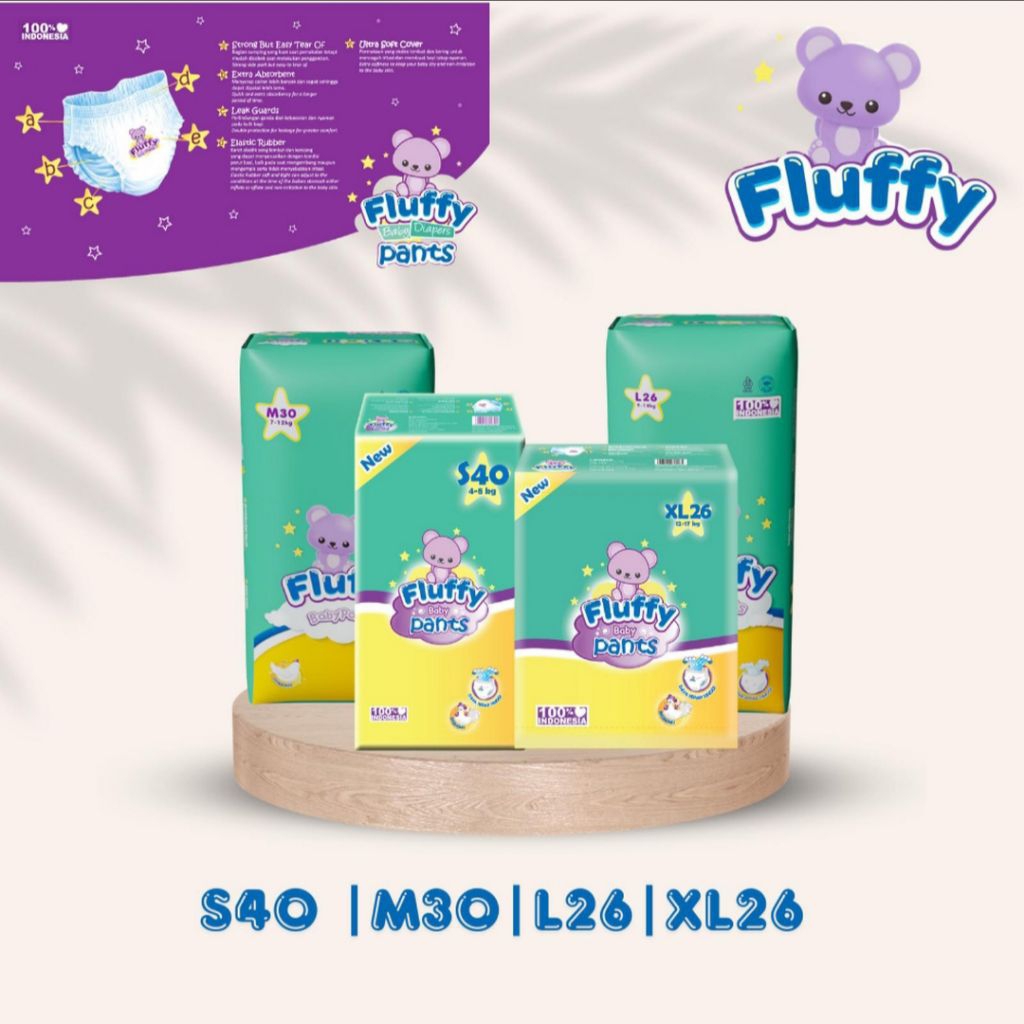 FLUFFY Baby Pants 1Ball S40|M30|L26|XL26 Popok Bayi Celana Sekali Pakai Fluffy Pampers Bayi Anti Bak
