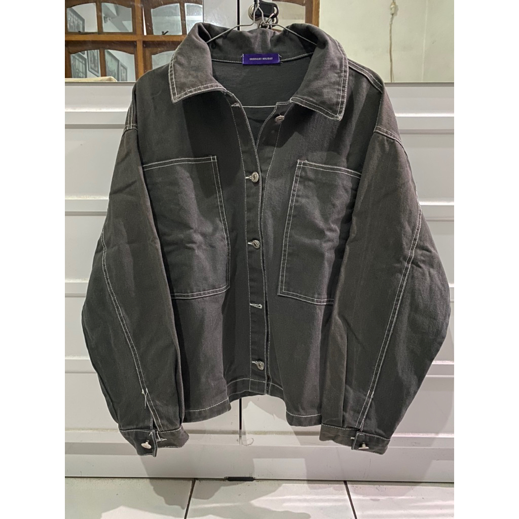 Jaket Jeans Wanita Premium Warna Abu List Putih