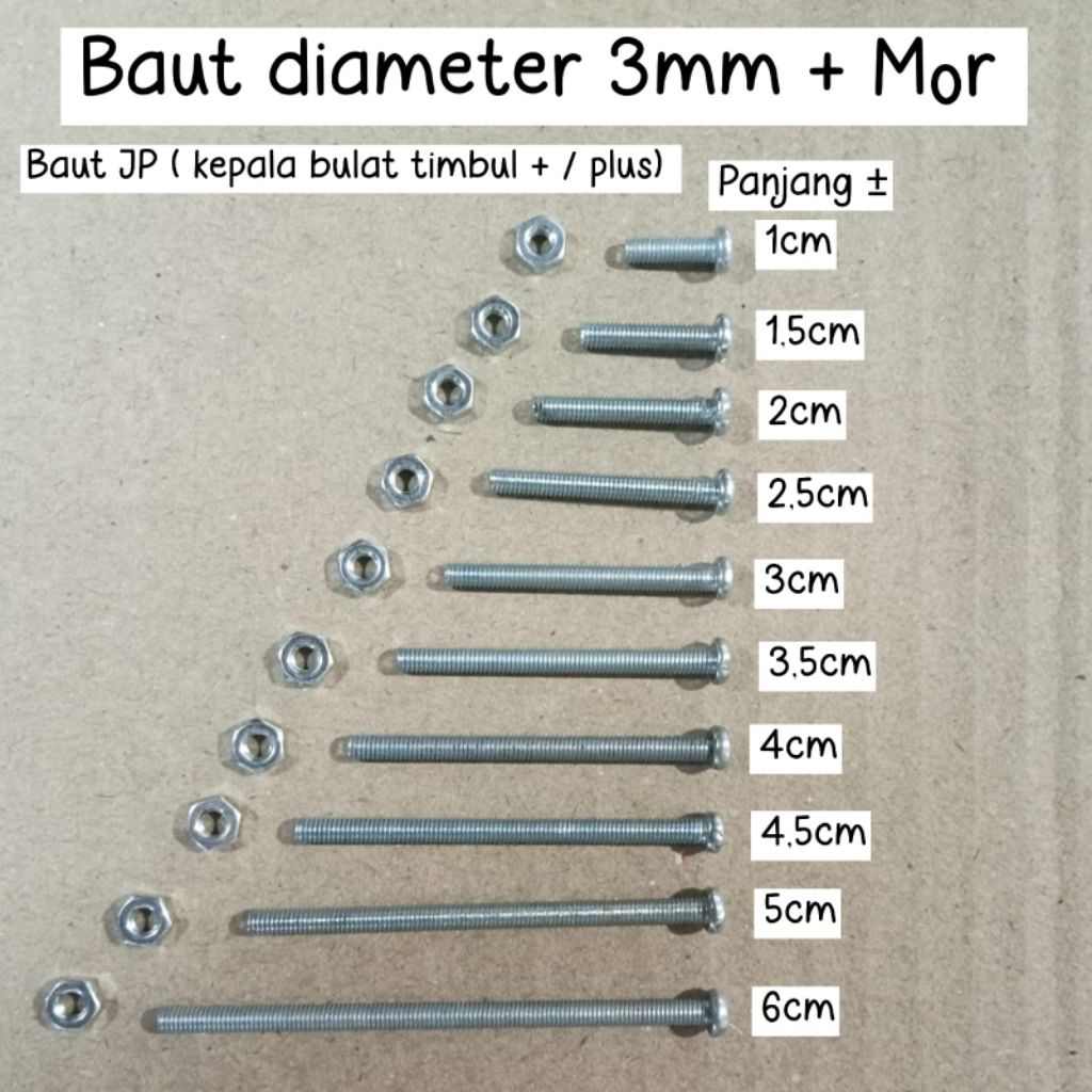 BAUT diameter 3mm JP ( kepala bulat ) + Mor mata plus / obeng panjang pendek mm cm senti mili 1 2 3 