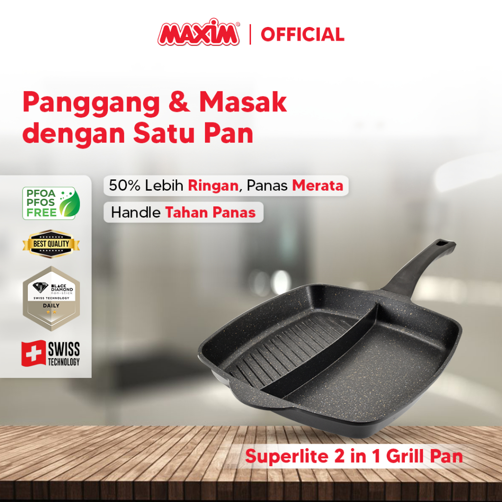 Maxim Superlite Alat Pemanggang Teflon Anti Lengket 2 Sisi 28cm Grill Pan 2in1