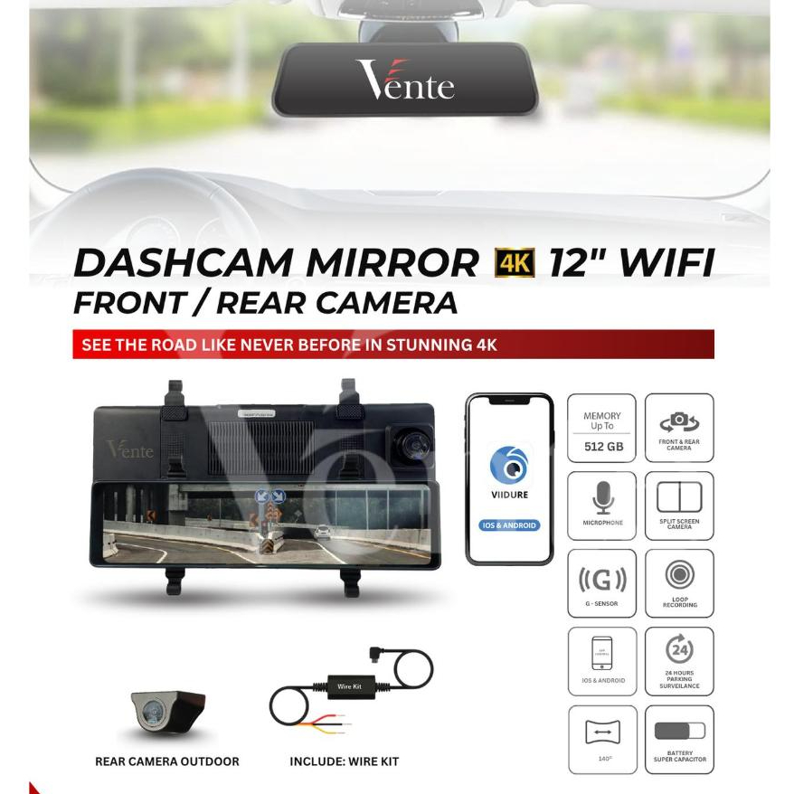 Kamera Dashcam Mobil - Vente Dashcam Mirror 4K 12 Inch - Wifi / Front Rear - Kamera Mobil - Dashcam 