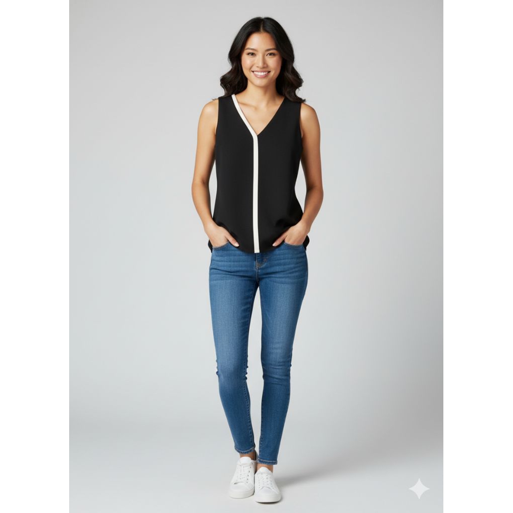 blouse sleeveless v neck striped atasa blus tanpa lengan braded wanita