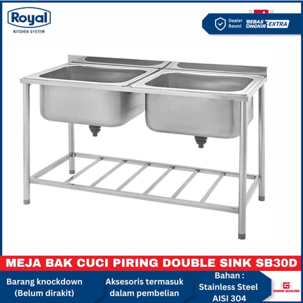 Meja Bak Cuci Piring Restoran 2 Lubang Dalam 30cm Kitchen Sink Jumbo  Stainless 304 SB 30D ROYAL