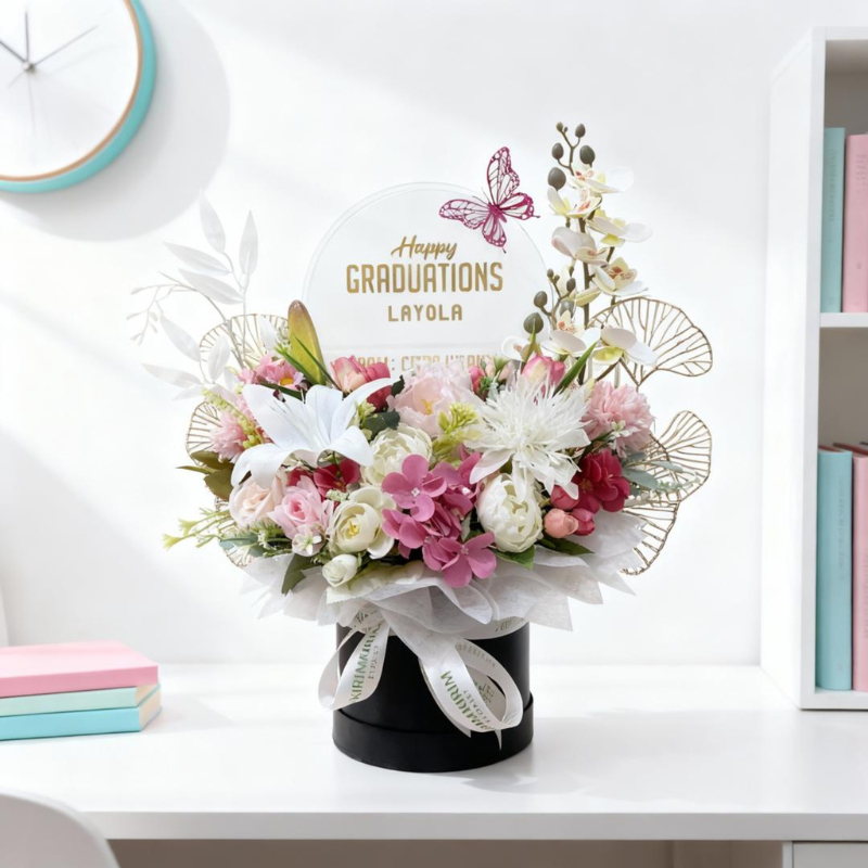 Bunga Bloom Box Acrylic | Bunga Box Ucapan Congrats, Pajangan Meja Hadiah untuk Pacar