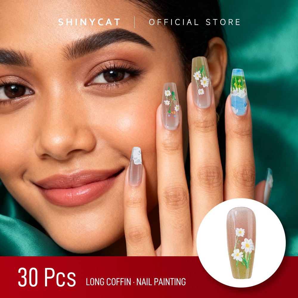 Shinycat Kuku Palsu Tempel 30 Pcs Long Coffin Press-On Nails Motif Bunga Oil Painting Fake Nails Nai