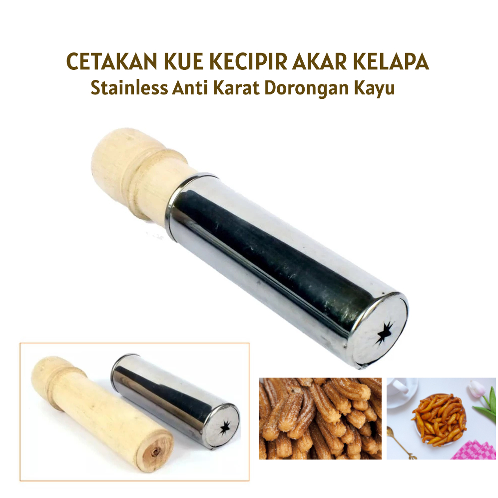 Cetakan Kue Akar Kelapa Stainless – Cetakan Kecipir Dorong Kayu