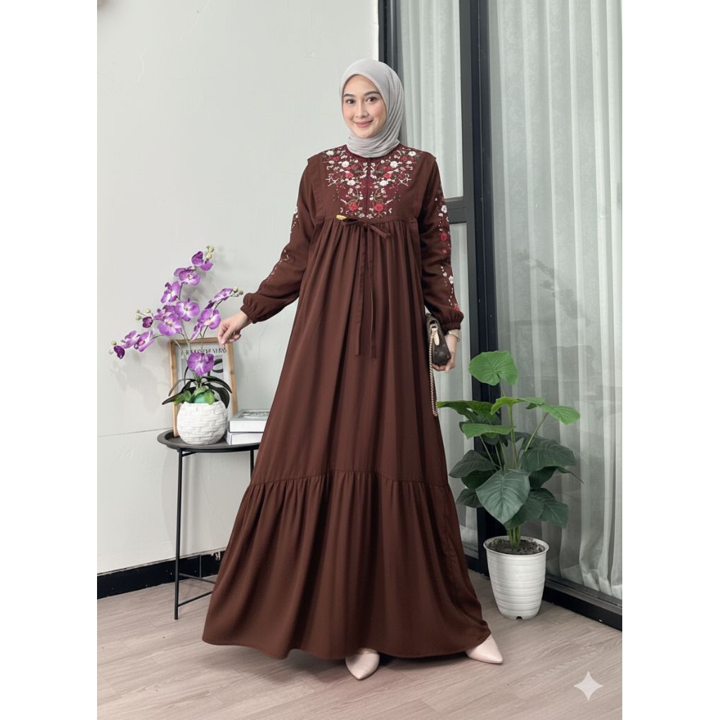 Amanda maxi dress Gamis bordir bahan rayon twill signature tebal dan motif bordir bunga adem new lau