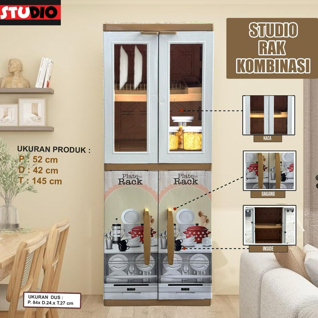 Rak Piring & Rak Dapur Kombinasi Kaca – Lemari Piring 4 Pintu