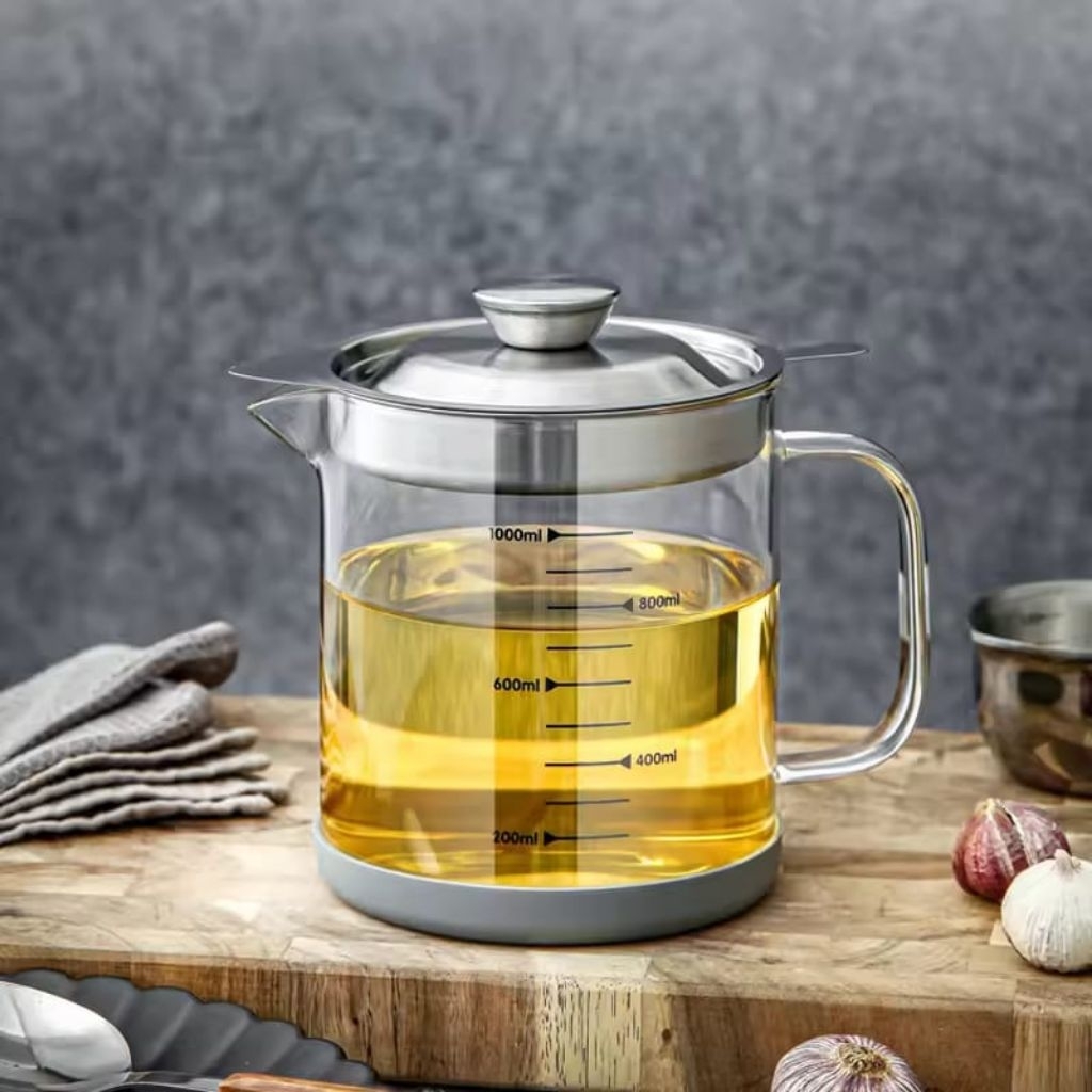 Oil Pot Saringan Minyak Goreng Kaca Tahan Panas Wadah Penyaring Stainless