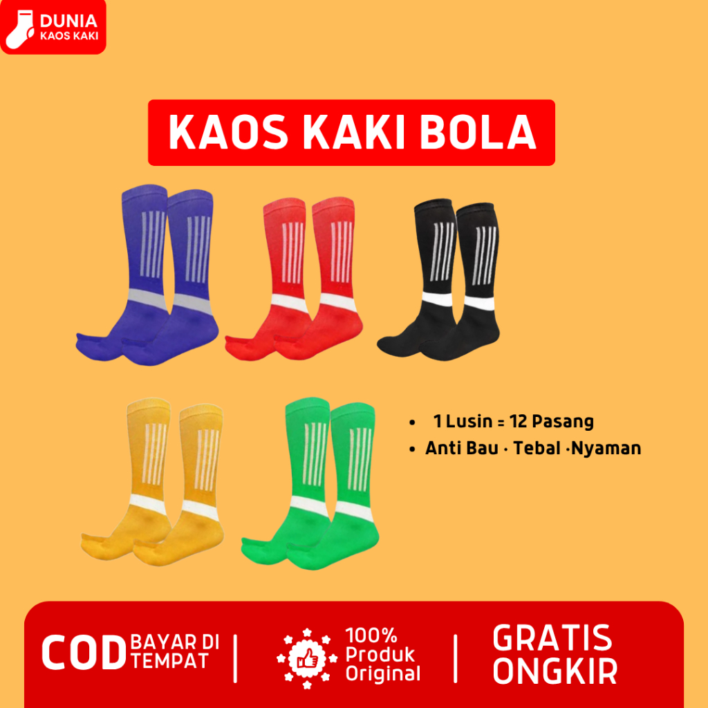 Kaos Kaki Bola Selutut Dewasa 1 Lusin • Tebal Elastis • Nyaman Dipakai • Warna Lengkap (Merah Hitam 
