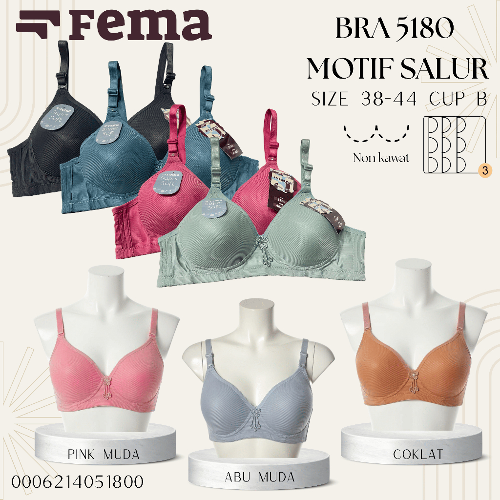 FEMA Official Shop Bra FEMA 5180 Garis Salur Bra 1 pcs Kait 3 cup B sedang Tanpa kawat Busa standard
