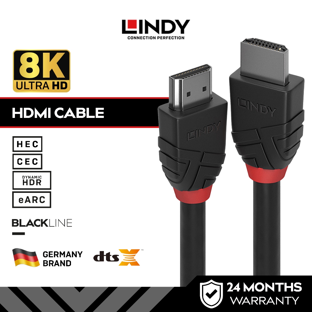 Kabel HDMI LINDY 0.5m 1m 2m 8K60Hz Dolby Atmos 48Gbps EARC PS4/PS5 Male To Male Black 36770 36771 36