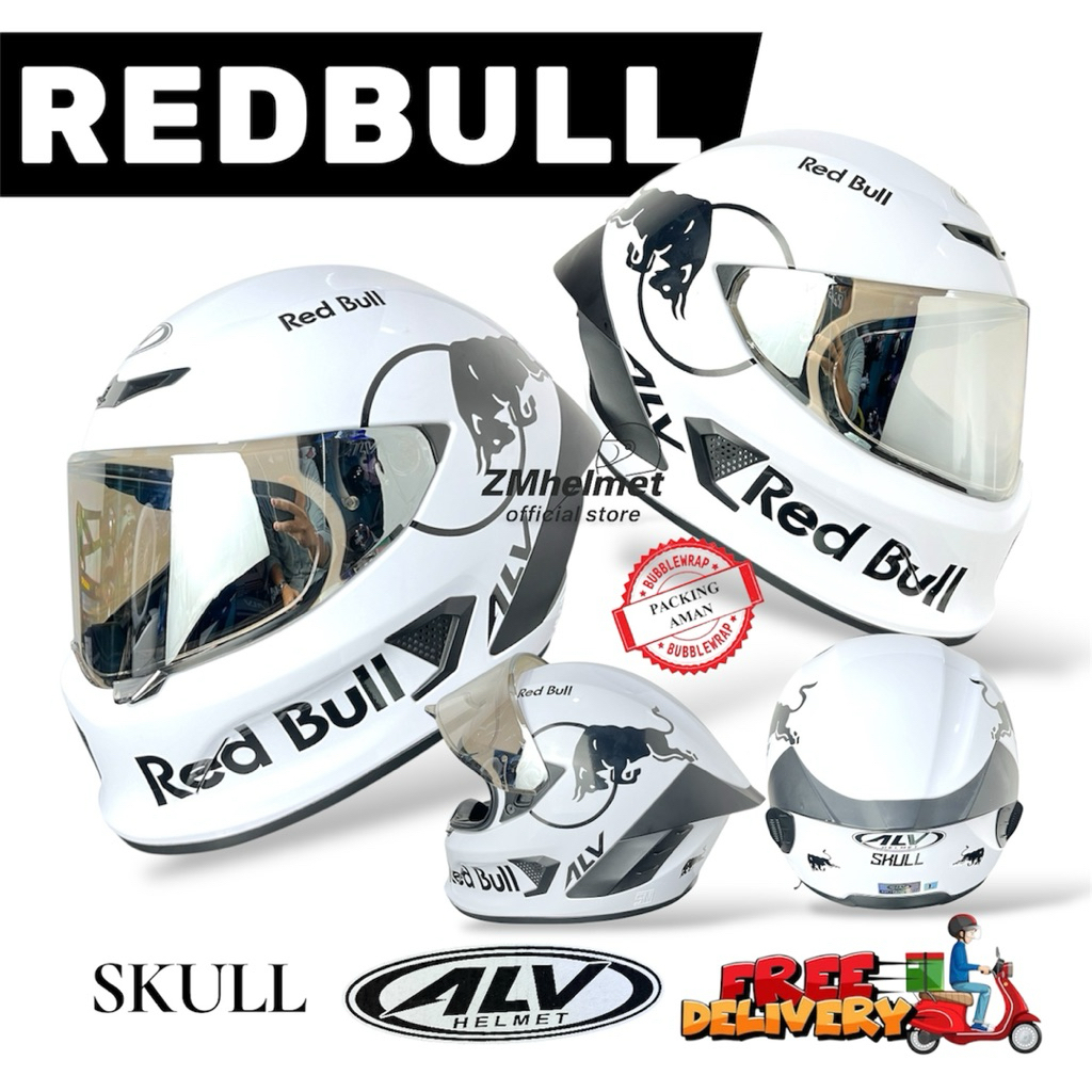HELM ALV SKULL Solid White Motif Redbull Full Face SNI