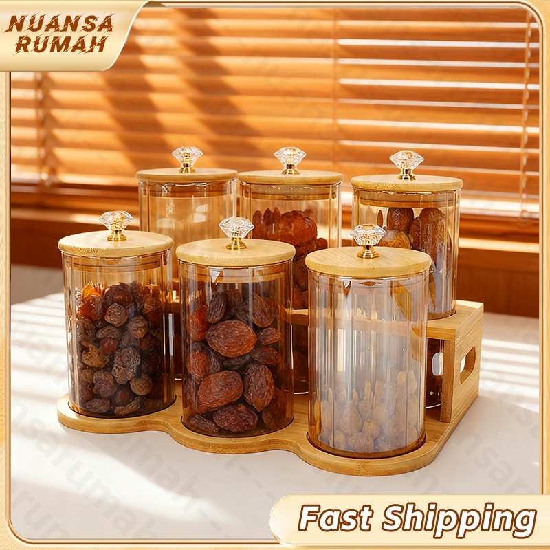 Toples Aesthetic Toples Makanan Dengan Tutup Kepala Crystal Bahan Kaca Kedap Udara Anti Lembab Set P