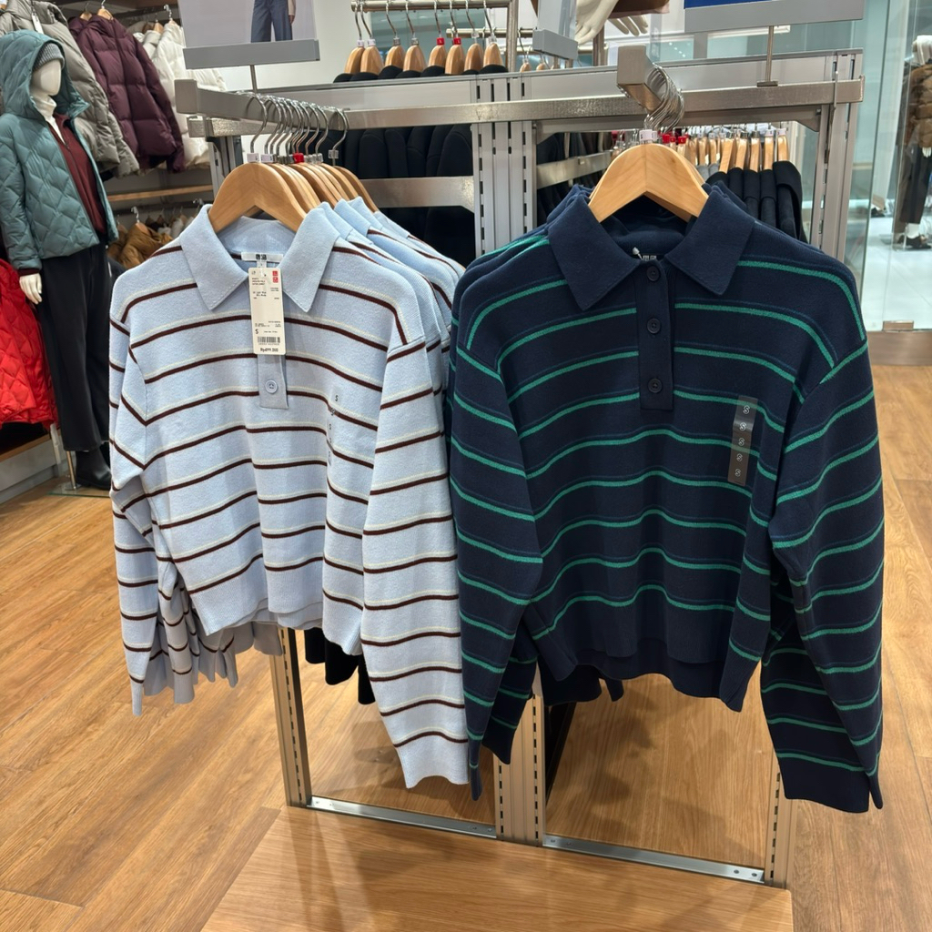 sweater polo katun lembut garis dan polos uniqlo