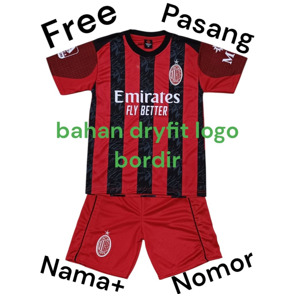 setelan baju bola anak AC MILAN bahan dryfit bisa custom nama nomor punggung/SETELAN JERSEY BOLA BAY