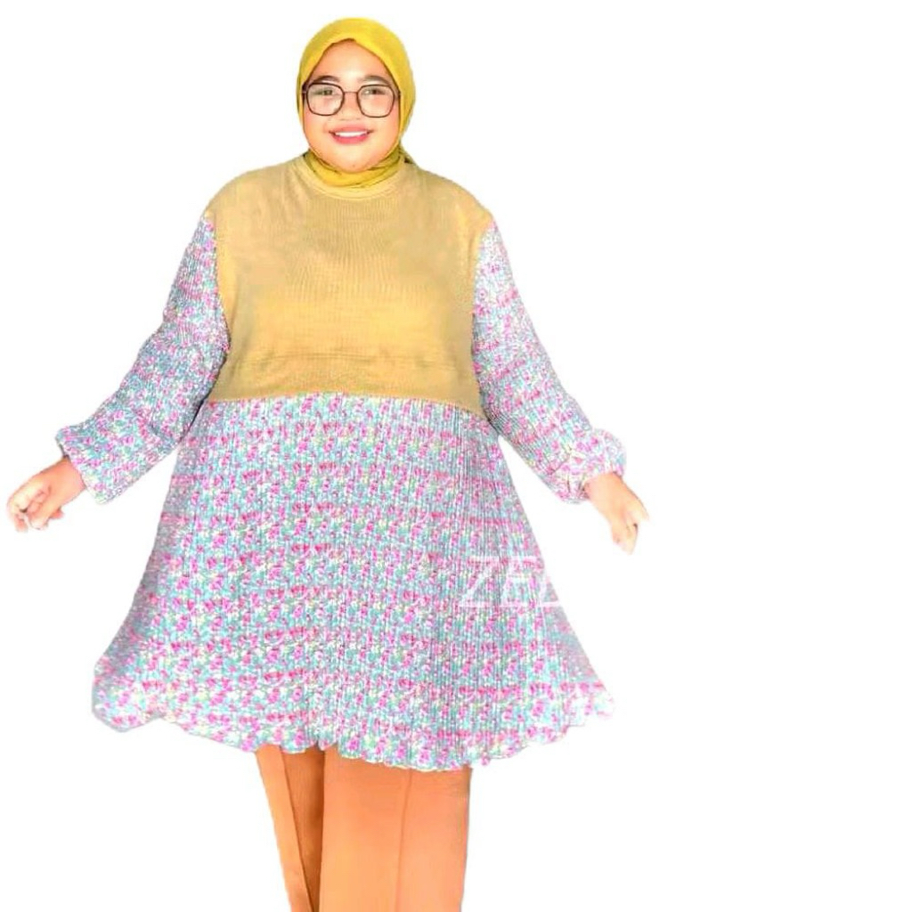 Atasan Muslimah Eka Jumbo Tunik Bahan Kaos Knit Kombi Twillpeach Plisket LD130-150