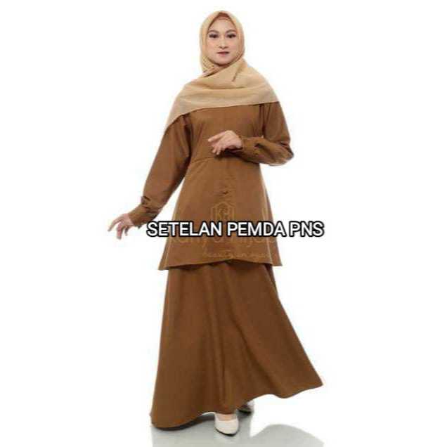 SETELAN SERAGAM PEMDA TOYOBO KHAKI TUA { TUNIK & ROK } S-M-L-XL- XXL-XXXL JUMBOTERBARU SETLAN PNS/PE