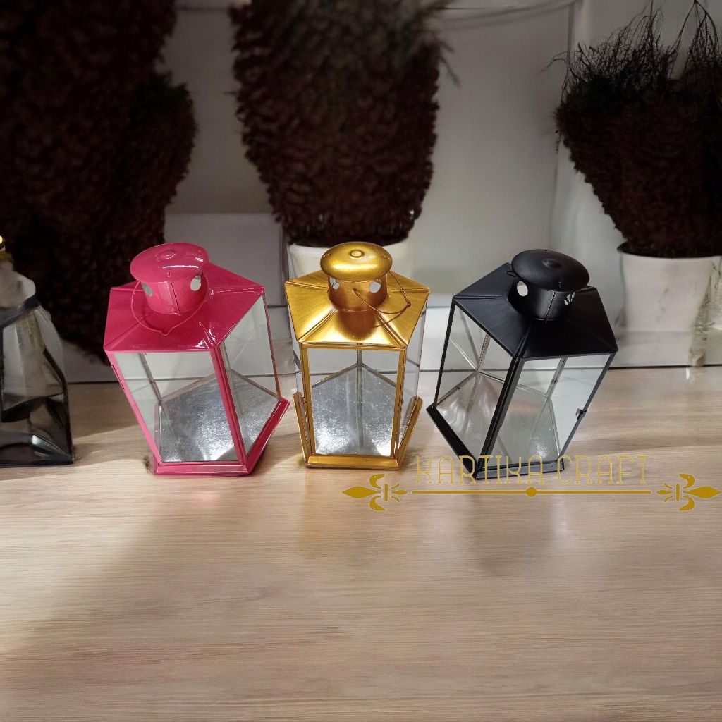 Tempat Lilin Lentera Kaca Gantung Besar Segi lima Warna