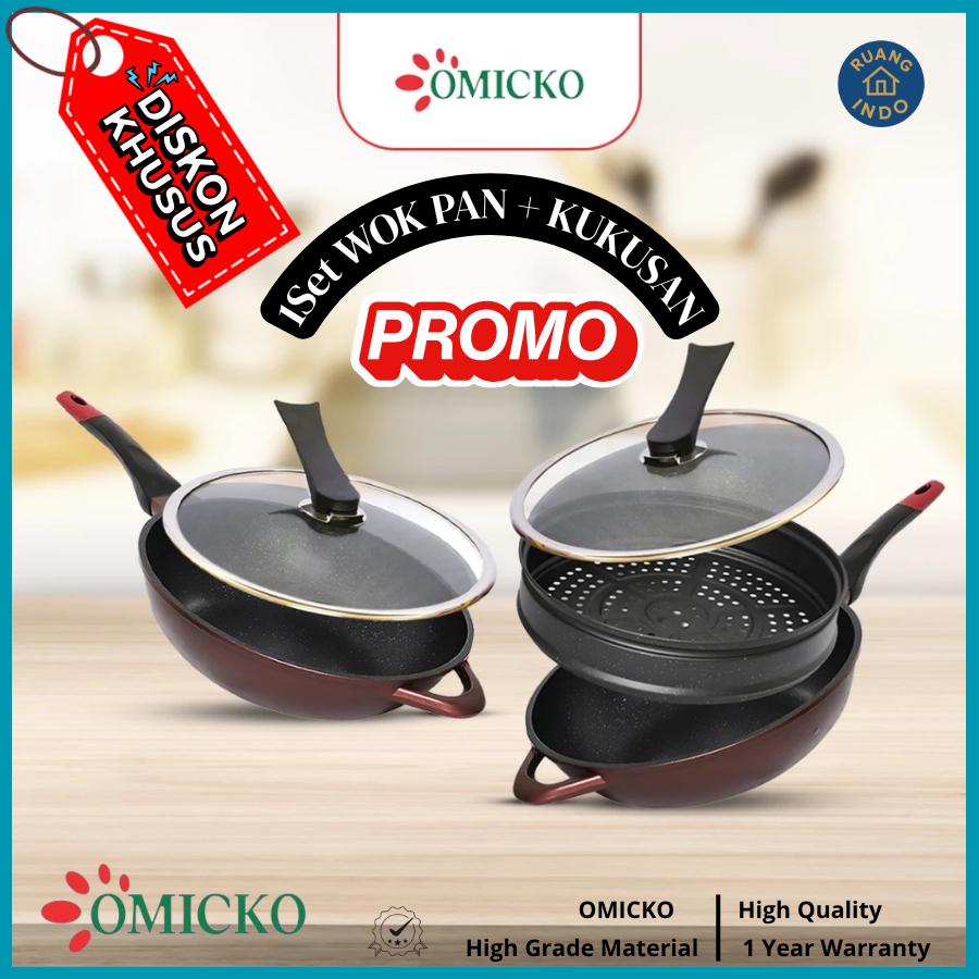 Set Panci Wok Omicko 32 cm + Kukusan Steamer – Panci Wok, Panci Kukusan Anti‑Lengket Steamer