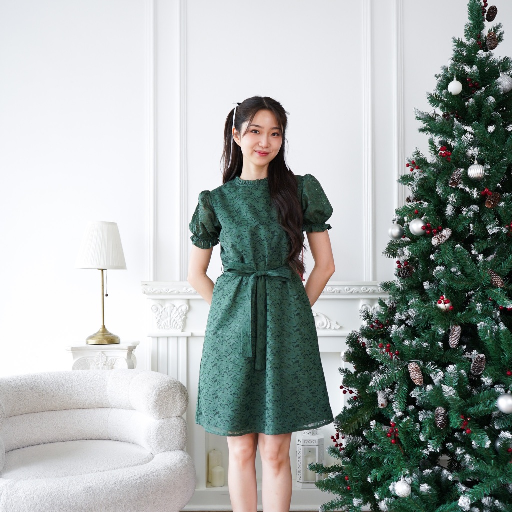 ULTRAVIOLET Eunmi Lace Dress 351 Dark Green - Baju Terusan Wanita Brukat Natal Gereja Holiday
