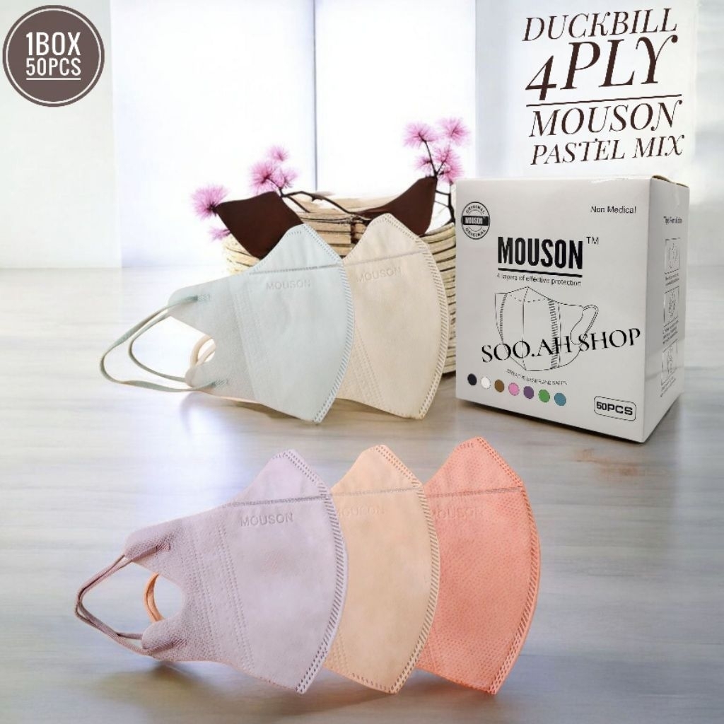 MASKER MASKER DUCKBILL MOUSON 4PLY CAPPUCINO,SHRIMPINK,PINK LADY ,GREEN NUDE EMBOS 4ply 1BOX ISI 50P