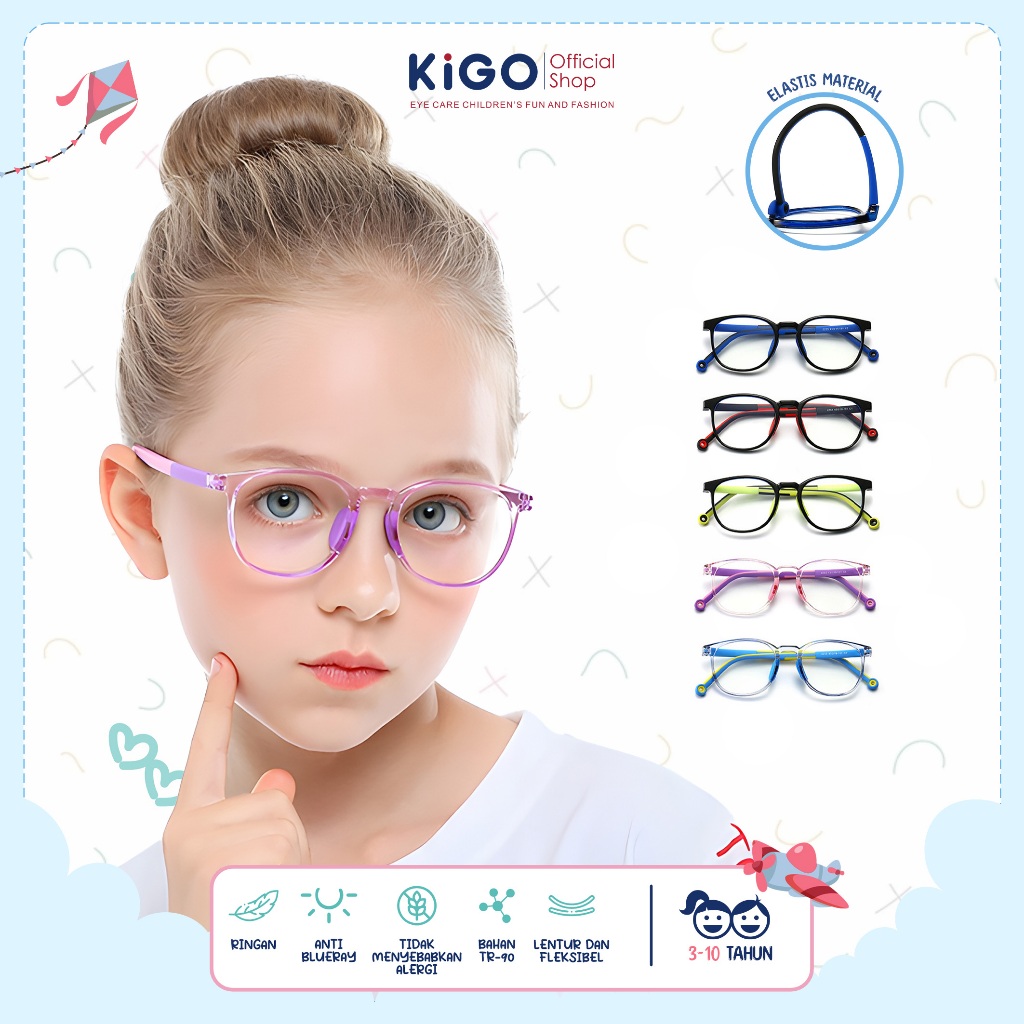 KIGO Kacamata Anak Minus Antiradiasi Blueray Bluecromic Model Kotak Unisex Elastis Ringan TR90+Silik