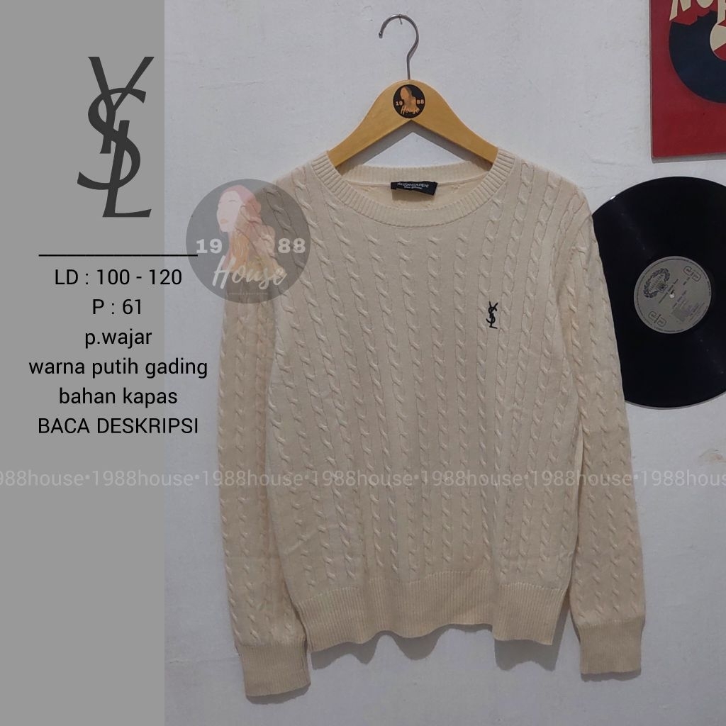 Yves Saint Laurent Sweater rajut kepang YSL putih gading