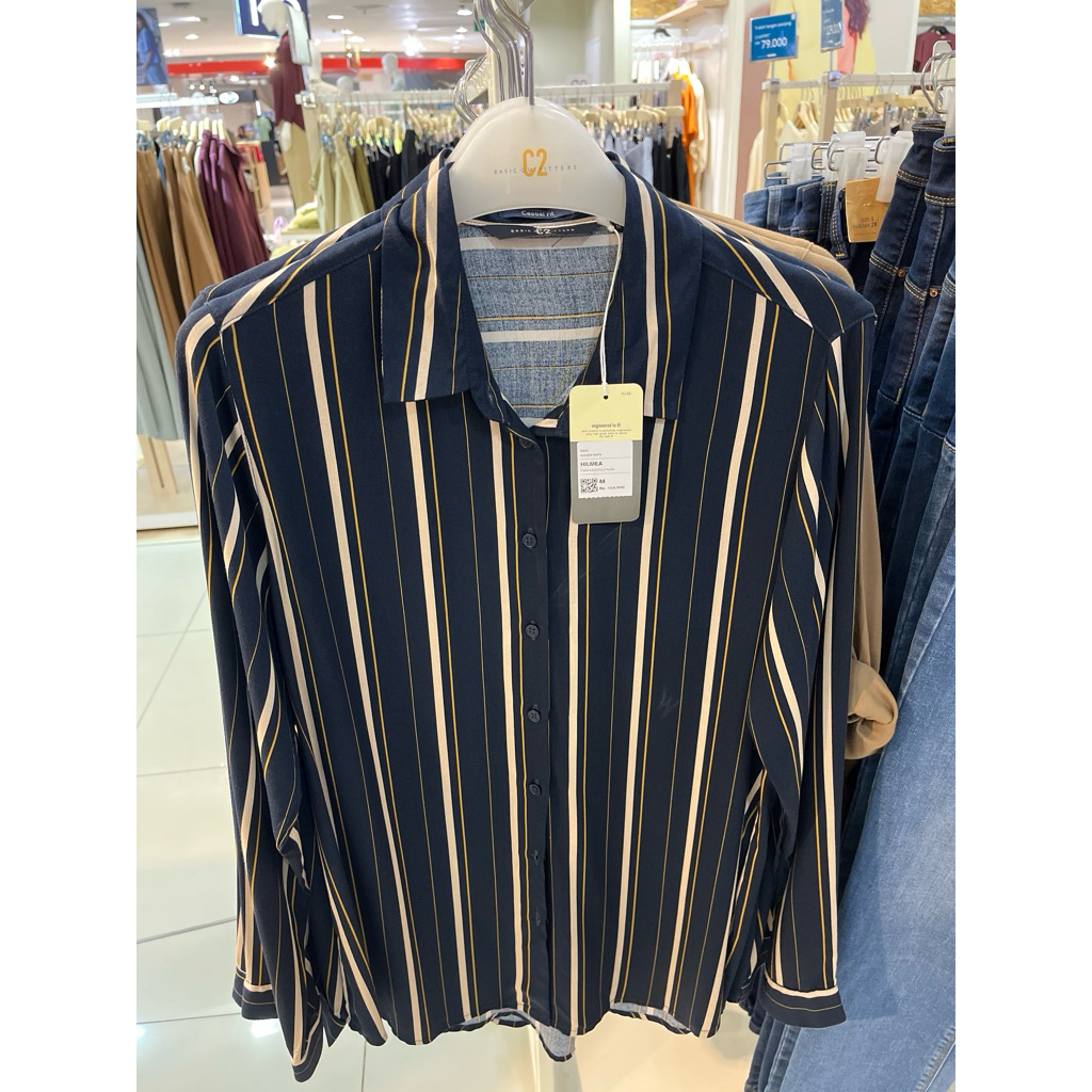 kemeja wanita lengan panjang, kemeja wanita garis-garis 100% original C2