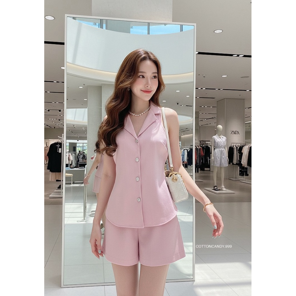Crystal Set - Cotton Candy Sleeveless Tweed Vest Shorts Set Import Bangkok)