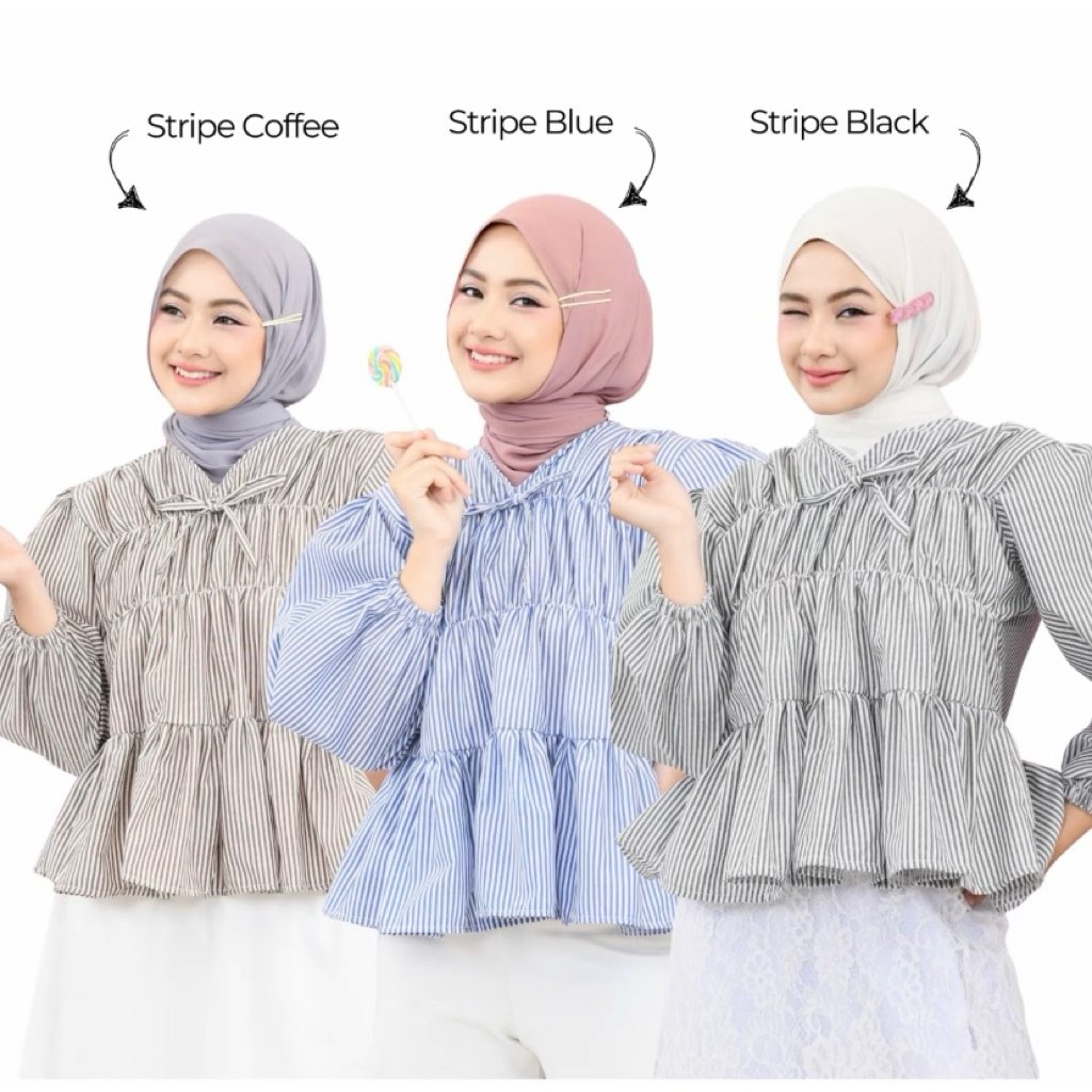 Blouse Atasan Kerut Dada Lengan Panjang wanita Baju Katun Casual Cewek Salur