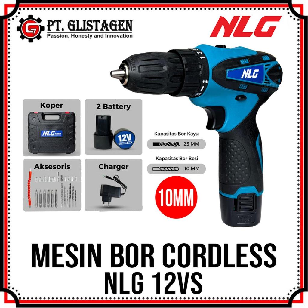 NLG - 12VS Mesin Bor Listrik Set 10MM Tanpa Kabel Bor Besi Kayu Bolak Balik 12V 2 Baterai Cordless D