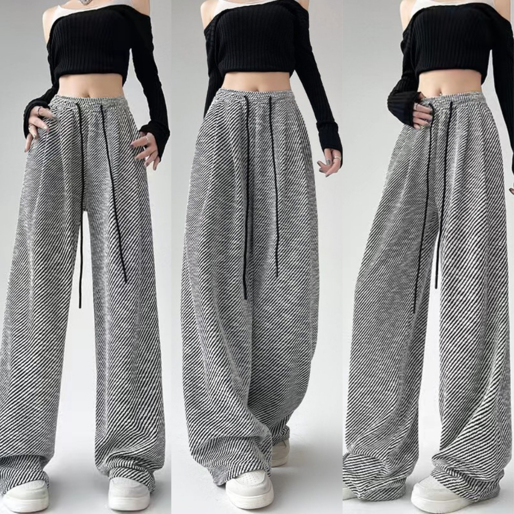 meissi.id  Celana Wanita Longgar High Waist Korea Style Celana Palazzo Oversize Motif Garis Miring T
