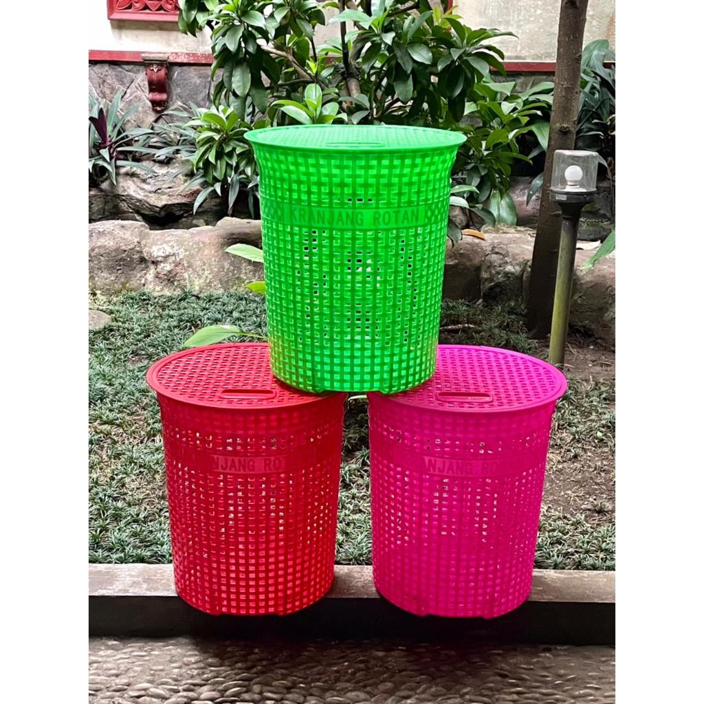 Keranjang Laundry Tutup Bulat Warna Motif Rotan | Keranjang Pakaian