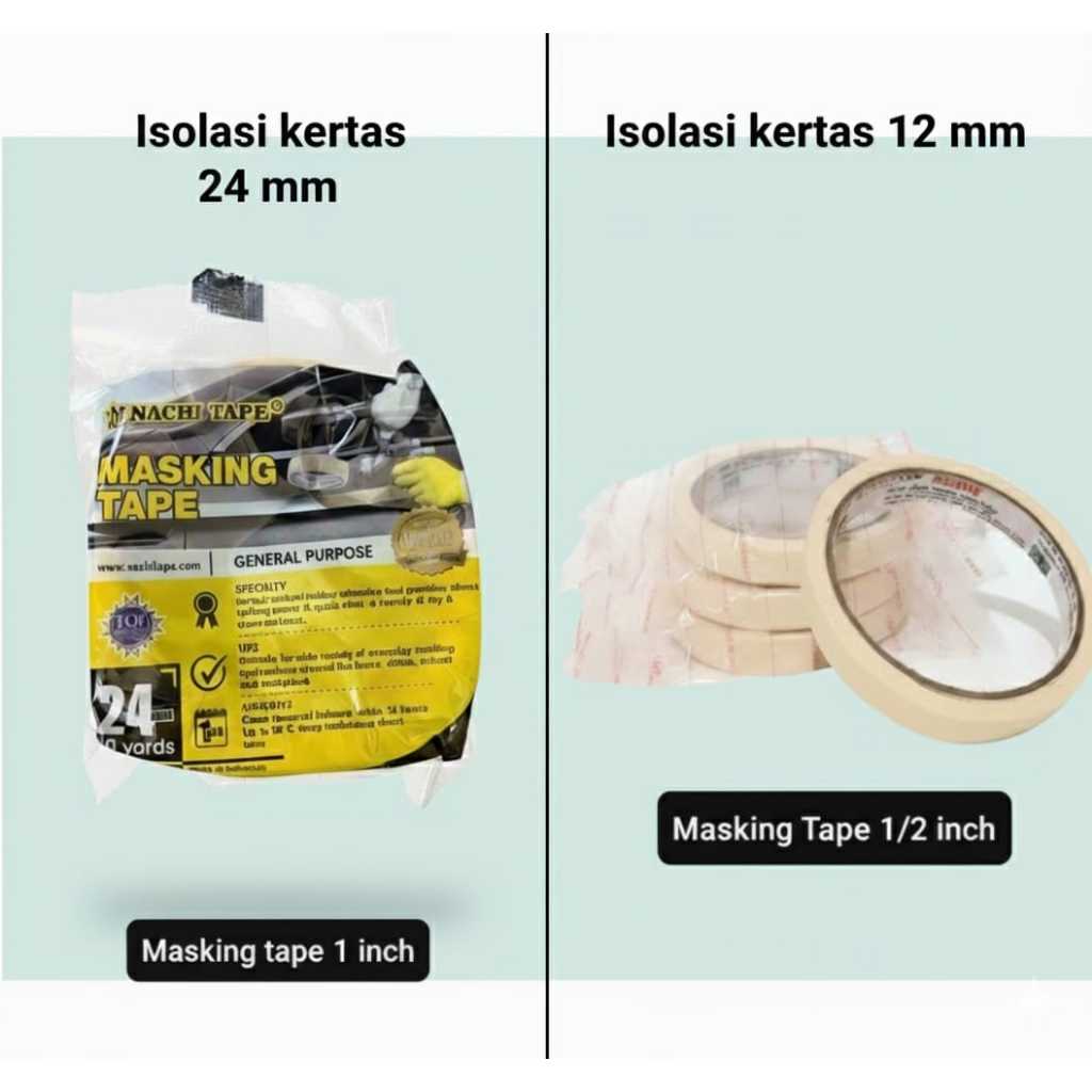 Isolasi kertas nachi 1 dan 1/2 inch , lakban kertas nachi12 mm dan 24 mm