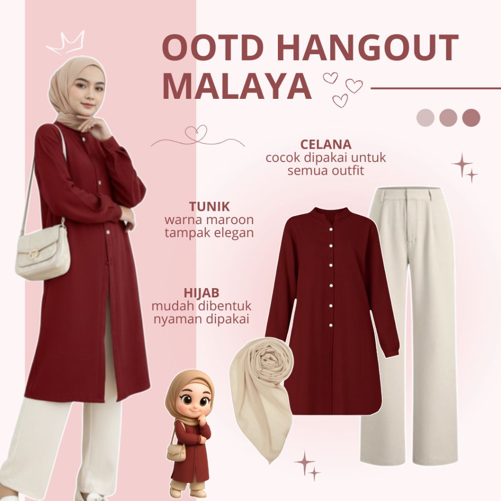Outfit Maroon Style Kekinian | Tunik Malaya + Celana Kulot + Hijab | Setelan Wanita Stylish - AM217N