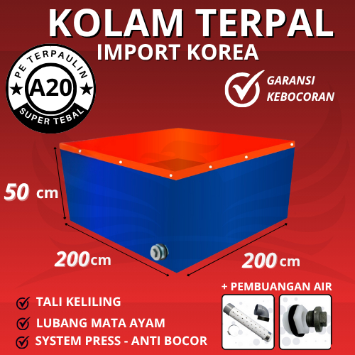 Kolam Terpal Kotak 2x2x0,5 / 200x200x50  Untuk Budidaya Ikan Lele, Nila