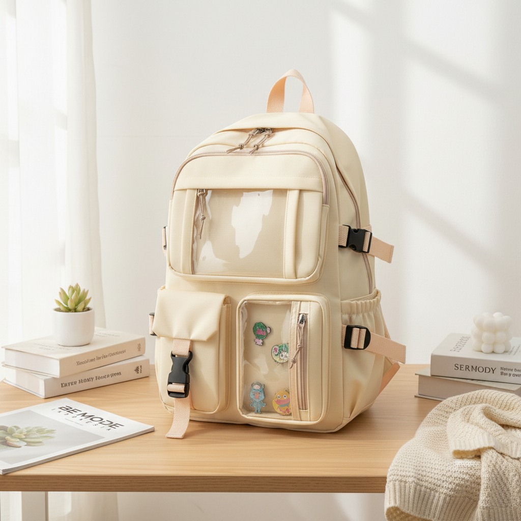 DURABLE - Tas Laptop Sekolah Wanita Polos Banyak Kantong Mika