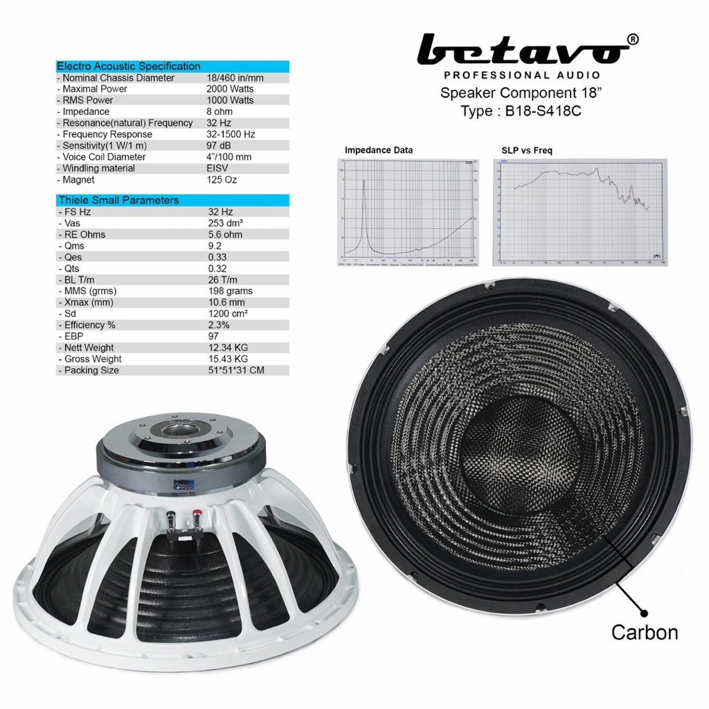 Speaker component Betavo 18” B18-S418C B18 S418CB18S418C daun Carbon coil 4” speaker komponen 15inch