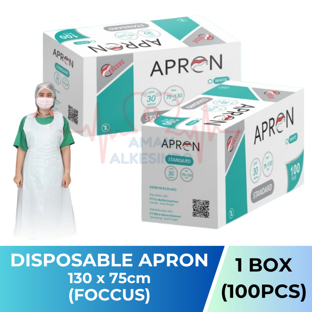 100pcs Apron Plastik Medis 30 Micron FOCCUS Celemek Dapur Sekali Pakai Tanpa Lengan Disposable Apron