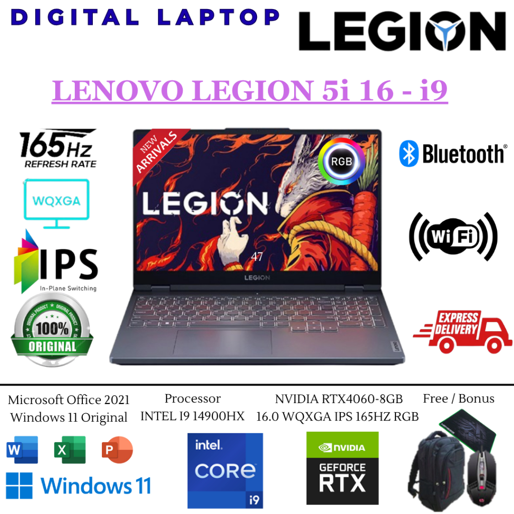 Gaming Laptop LENOVO LEGION 5i Intel i9 14900HX 64GB DDR5 2TB SSD RTX4060 | RTX4070 WQXGA 165Hz RGB