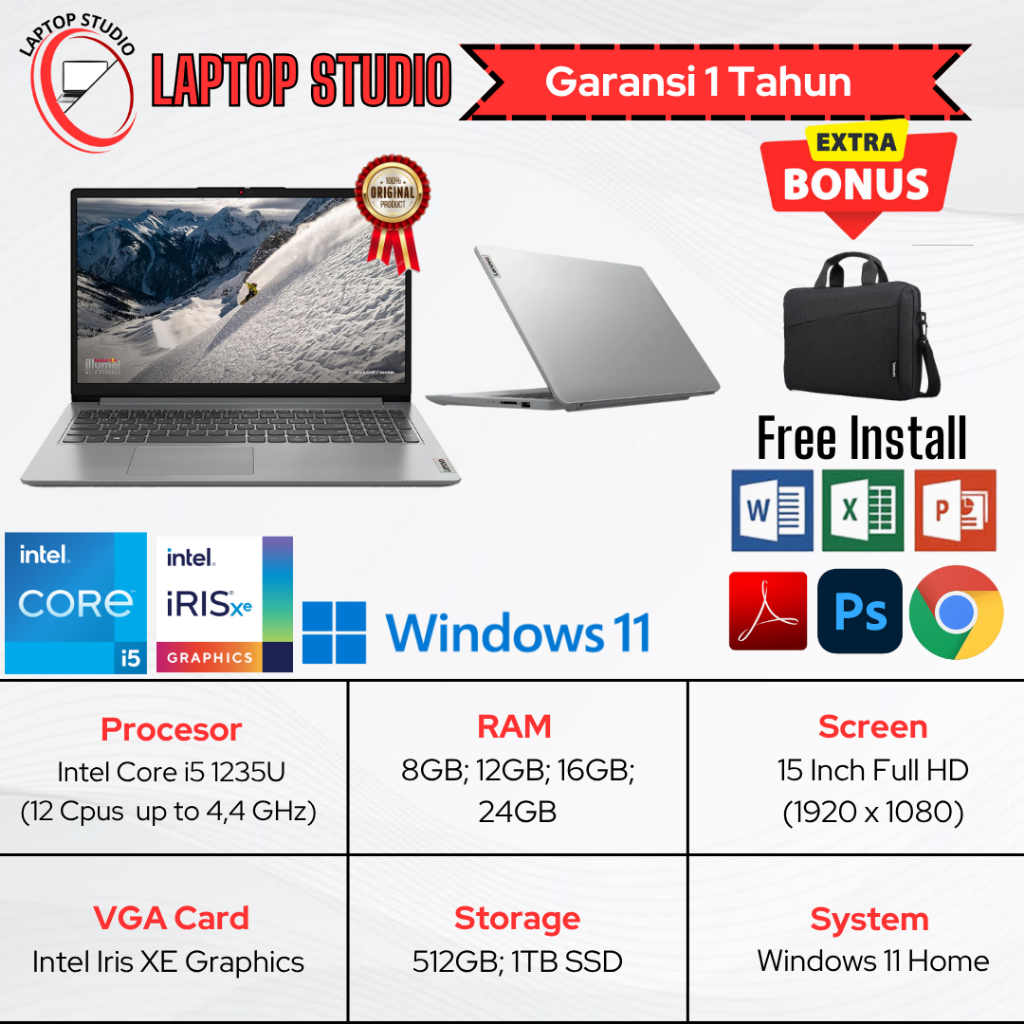 Laptop Baru Lenovo Ip1 Intel Core i5 1235u (Gen12) | Ip3 Intel Core 5 120u (Gen 14) SSD