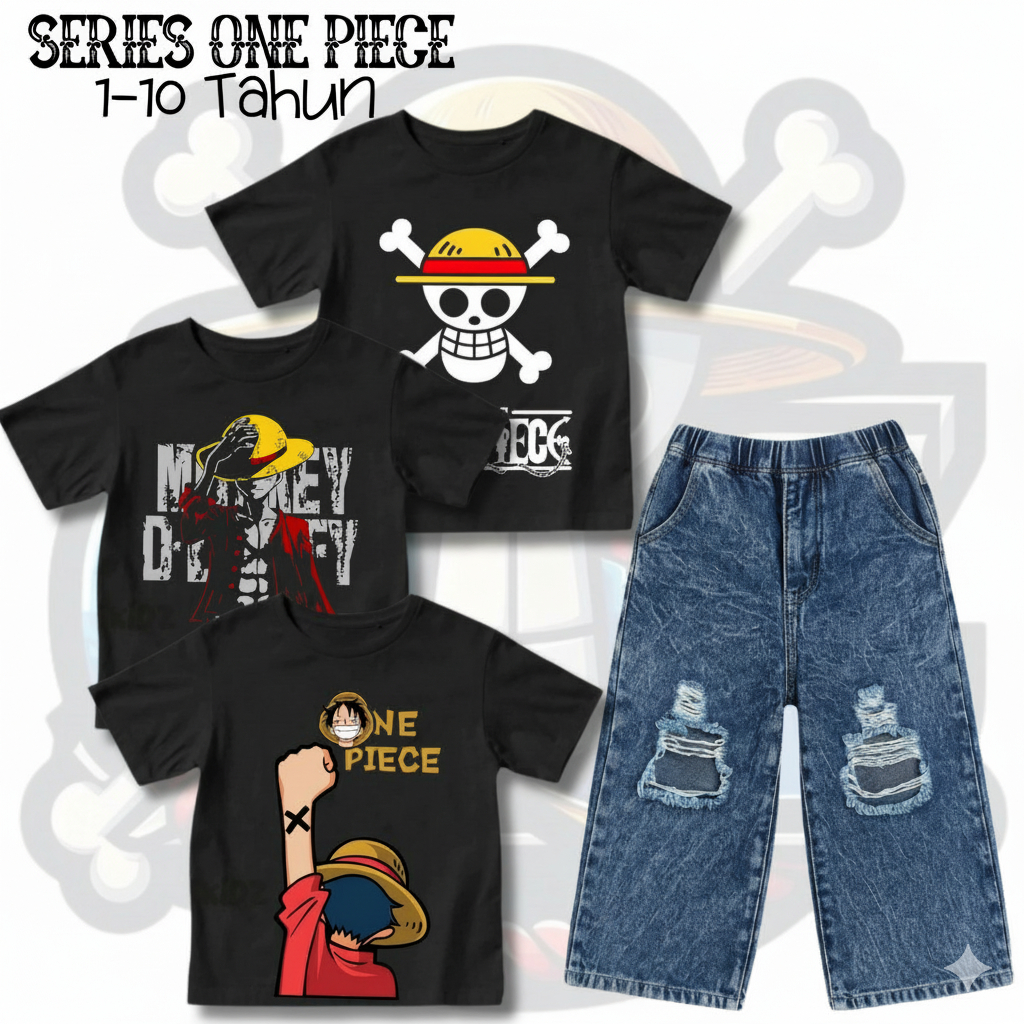 SETELAN CELANA JEANS RIPPED DAN KAOS ONE PIECE VIRAL ANAK/KAOS MURAH/JEANS RIPPED