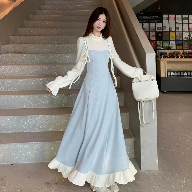 Korean Vintage Long Dress Biru Putih Lengan Panjang - dress korea dress vintage K061