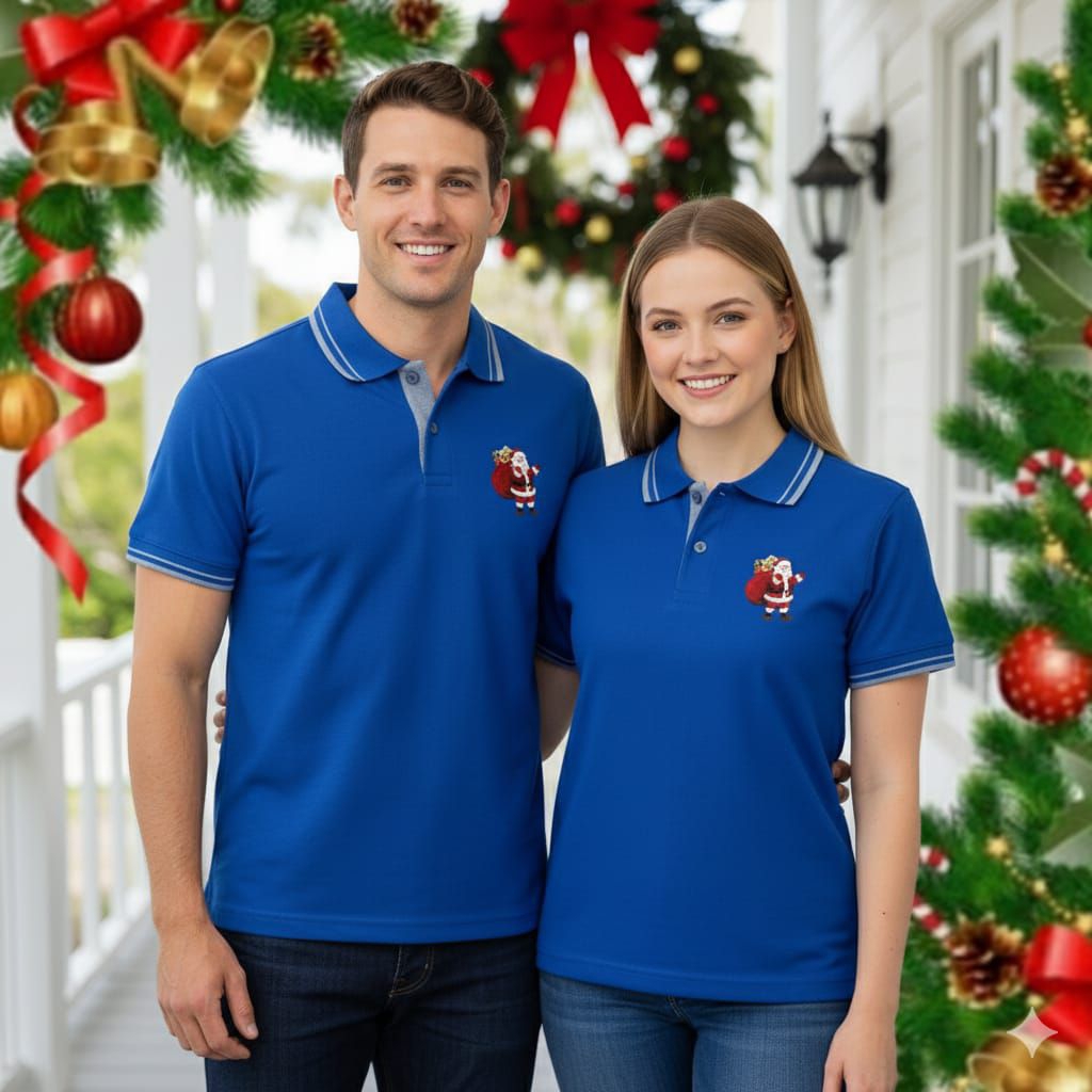 Kaos Kerah Dewasa Christmas Santa Clause Kaos Natal Xmas Tree Baju Natal Wanita Pria Polo Shirt