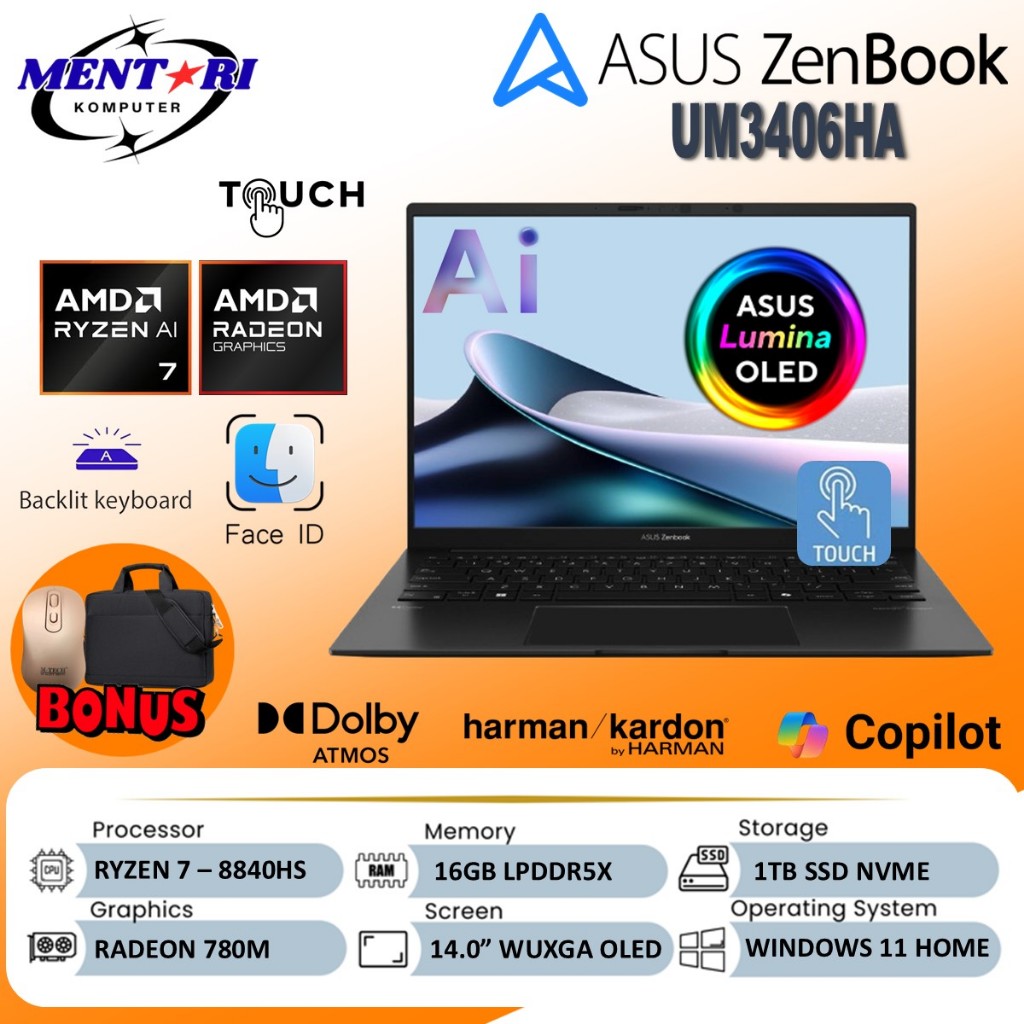 ASUS ZENBOOK 14 OLED UM3406HA AMD RYZEN 7 8840HS 1TB SSD 16GB TOUCH BLACK