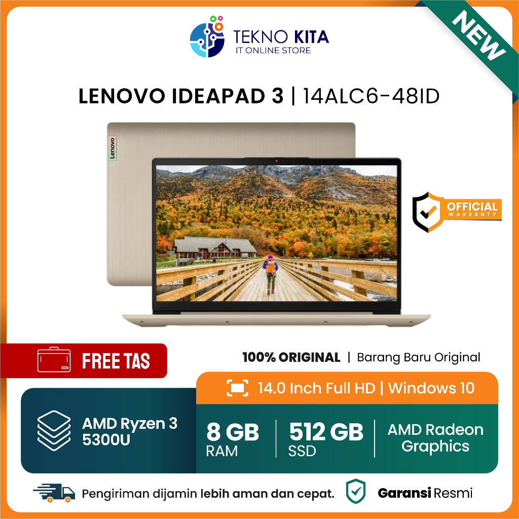 LENOVO IDEAPAD 3 14ALC6-48ID [AMD RYZEN 3 5300U / 8 GB DDR4 / SSD 512 GB / 14" FHD IPS / SAND / WIND