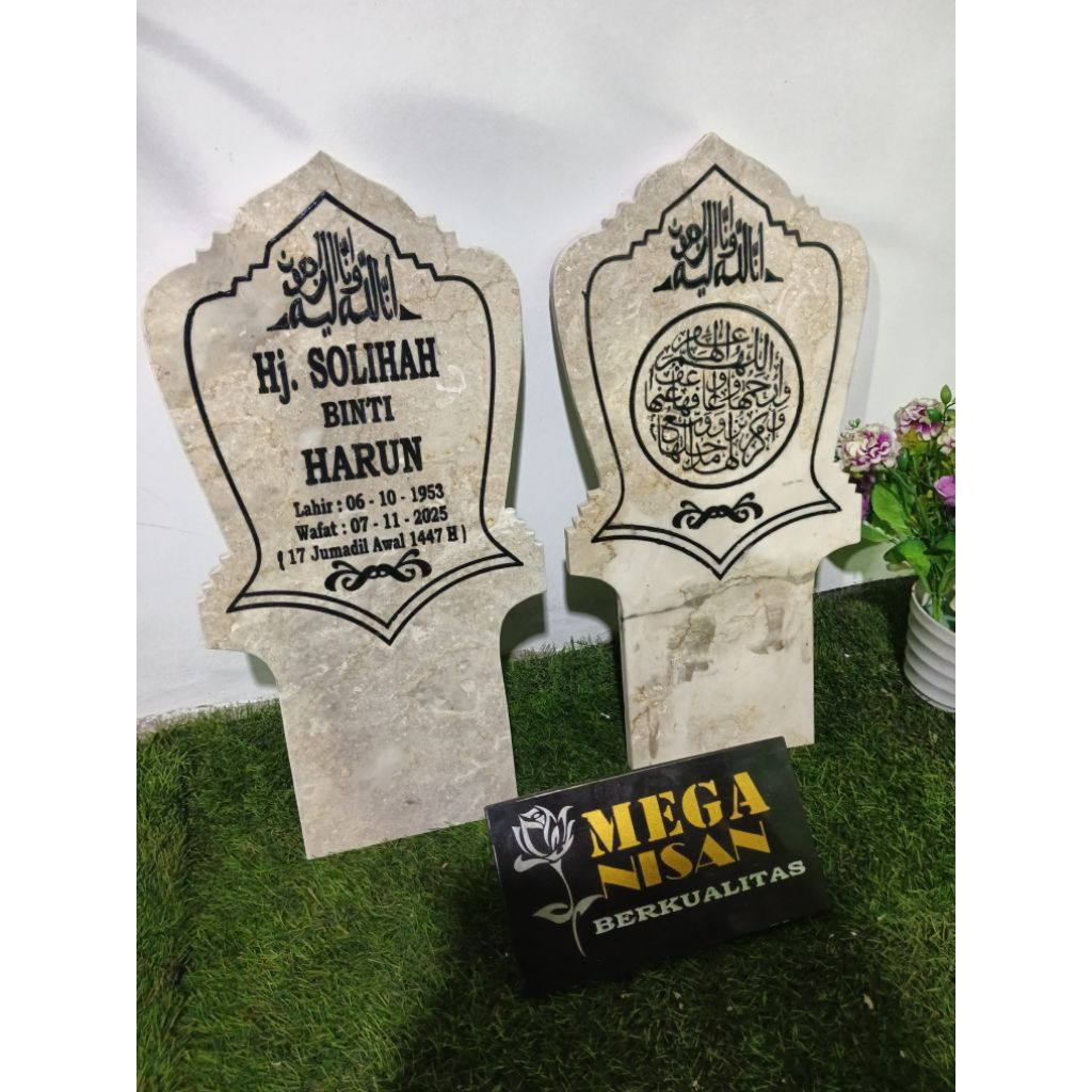 JAHUL NISAN PATOK MARMER SEPASANG(50x25)/PAPAN NAMA KUBURAN+PACKING KAYU