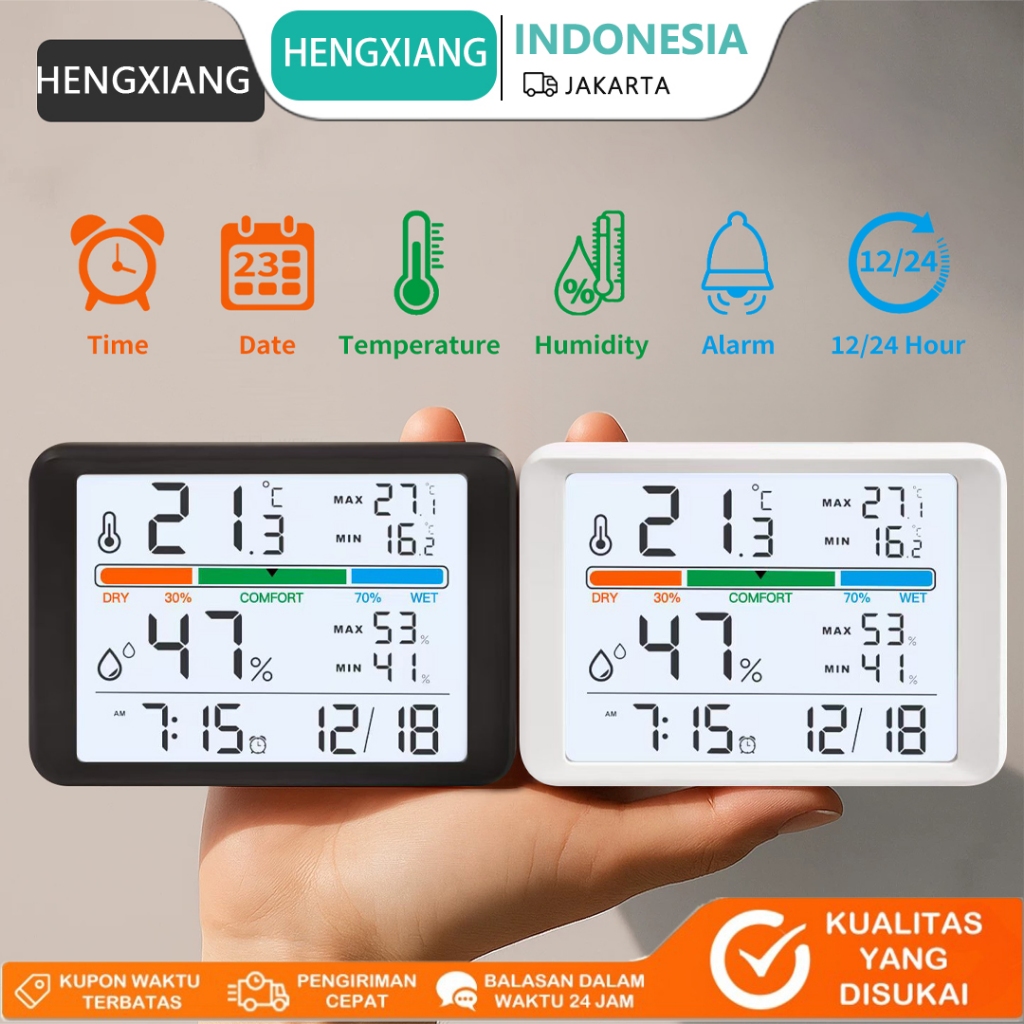 Jam Suhu Hygrometer Digital LCD, Bisa Tempel Magnet Kulkas + Lampu Belakang  Pantau Suhu Kelembaban 